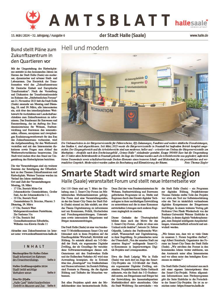 Titelseite des Amtsblatts der Stadt Halle Saale. Ausgabe 6, 2024.